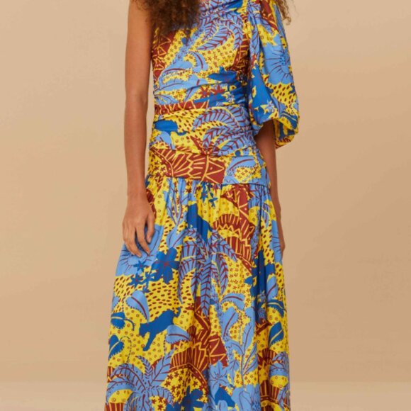 Farm Rio Yellow Jungle Panther One-Shoulder Midi Dress - Picture 2 of 4